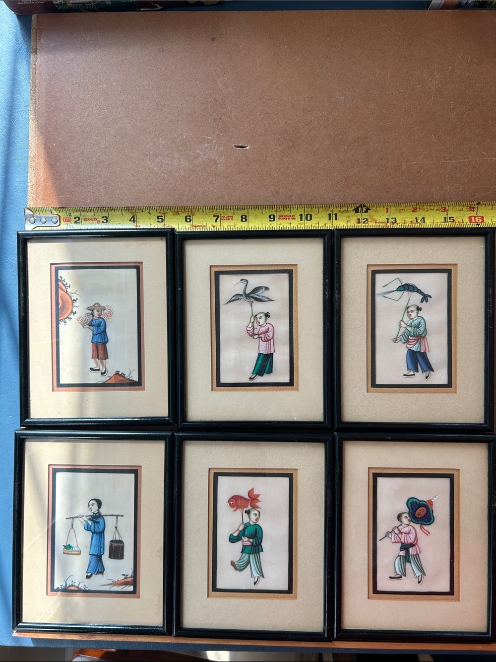 Set of 6 Framed Asian Illustration Prints — Black Frames, Cream Mats